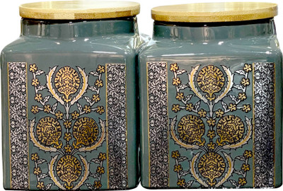 Lemon Tree Ceramic Grocery Container  - 1000 ml(Pack of 2, Grey)