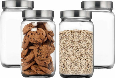 Optiq Glass Pickle Jar  - 1000 ml(Pack of 4, Silver)