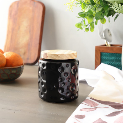 TheDecorMantra Ceramic, Wooden Utility Container  - 800 ml(Black)
