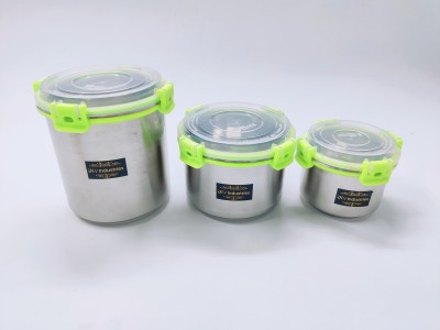 Dev Industries Stainless Steel Grocery Container  - 500 ml, 1000 ml, 1500 ml(Pack of 3, Green, Silver)