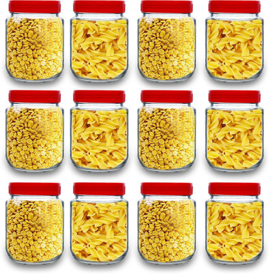 CROCO JAR Glass Grocery Container  - 500 ml(Pack of 12, Red)