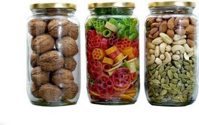 RUTVIHK Glass Grocery Container  - 1000 ml(Pack of 3, Gold)