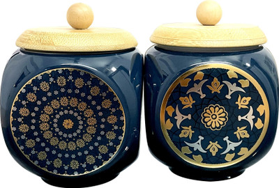 Lemon Tree Ceramic Grocery Container  - 1000 ml(Pack of 2, Blue)