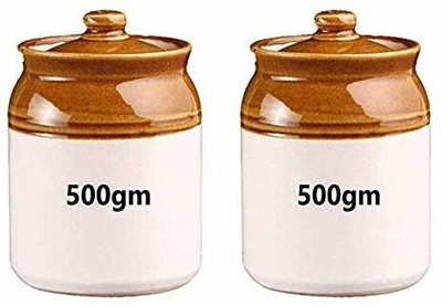 Jetwals Ceramic Pickle Jar  - 500 ml(Pack of 2, Brown, White)