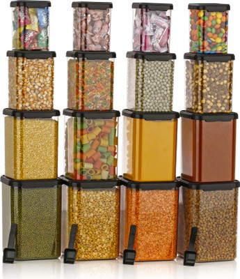 Snowberry Plastic Grocery Container  - 1400 ml, 950 ml, 651 ml, 350 ml(Pack of 16, Black)