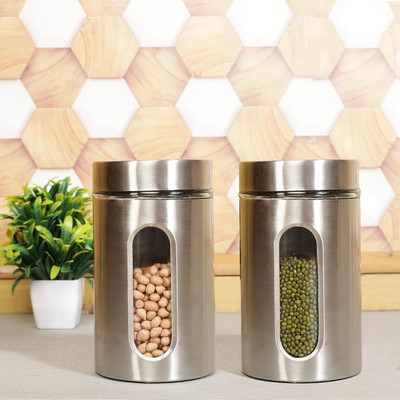 Femora Glass Grocery Container  - 1000 ml(Pack of 2, Silver)