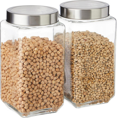NEZELLO Glass Grocery Container  - 1000 ml(Pack of 2, Silver)