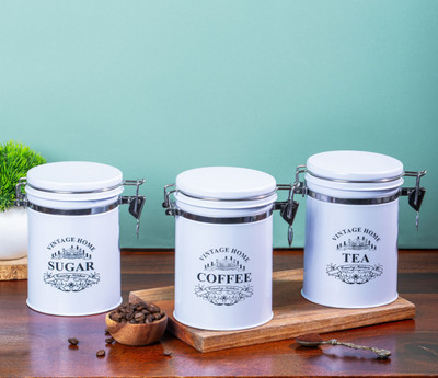 Metallure Iron Tea Coffee & Sugar Container  - 1100 ml(Pack of 3, White)