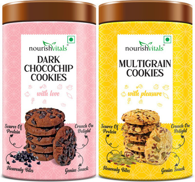 nourishvitals Dark Chocochip Cookies + Multigrain Cookies, Heavenly Bites, Source of Protein Cookies Biscuit(2 x 120 g)