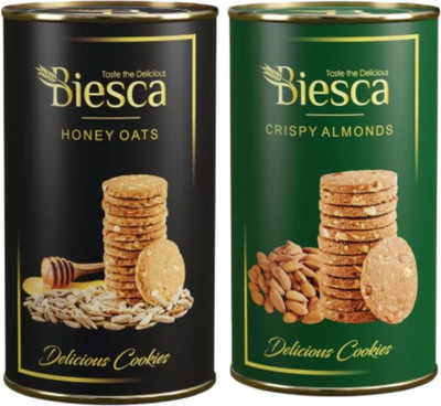 Biesca Premium Crispy Almonds Cookies with Butter & Natural Honey Oats Cookies Snack Cookies Biscuit(2 x 187.5 g)