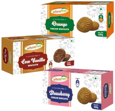 wheafree Gluten Free Cream Cookies Combo 600g (Strawberry, Orange, Cocoa Vanilla) Certified Gluten Free (Pack of 3*200g Each) Cream Sandwich(3 x 200 g)