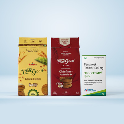 Azista Healthy Combo Pack- TG Karela 4 Pack|TG Calcium 4 Pack|Trigotab Pack of 1| Digestive Biscuit(9 x 111.11 g)