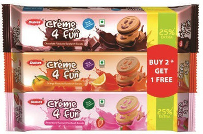 Dukes Cr�me 4 Fun Orange, Strawberry, and Chocolate flavoured Sandwich Biscuits Assorted Biscuit(3 x 150 g)