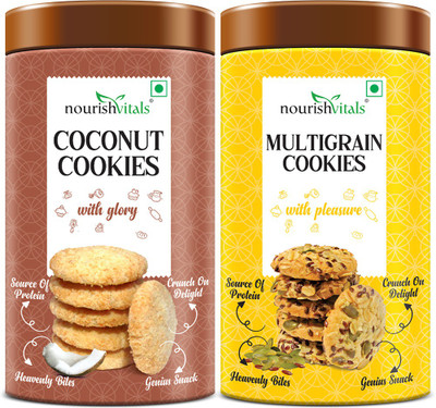 nourishvitals Cocount Cookies + Multigrain Cookies, Heavenly Bites, Source of Protein Cookies Biscuit(2 x 120 g)