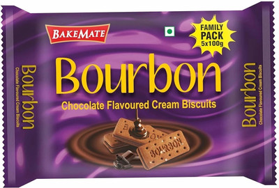 BAKEMATE Bourbon Chocolate Flavored Cream Filled Biscuits Family Pack (5 X 100G) Cream Sandwich Biscuit(500 g)