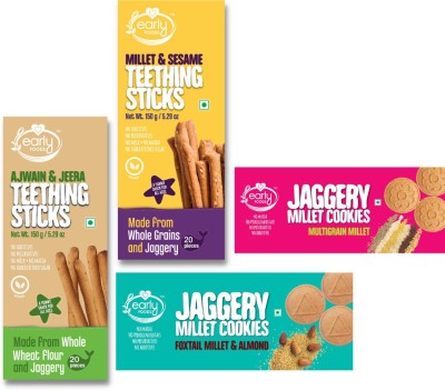 Early Foods Pack of 4 Organic Kids Snacks (Millet & Ajwain Sticks + Multigrain & Amaranth Cookies) Sweet & Salty Biscuit(4 x 150 g)