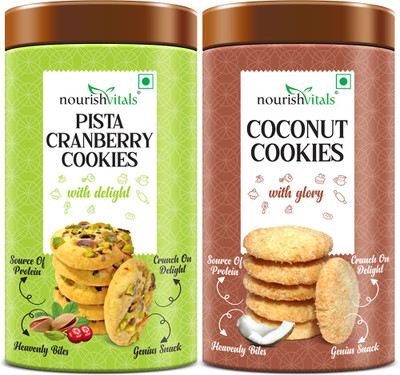 nourishvitals Pista Cranberry Cookies + Cocount Cookies, Heavenly Bites, Source of Protein Cookies Biscuit(2 x 120 g)
