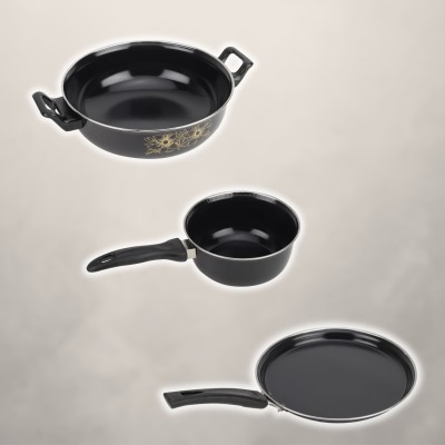 MY STORE Kadhai, Sauce Pan, Tawa - Cookware Set of 3 Pc Induction Bottom Non-Stick Coated Cookware Set(Cast Iron, PTFE (Non-stick), 3 - Piece)