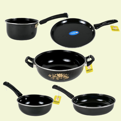 SIWAAN Lightweight and easy to handle Induction Bottom Non-Stick Coated Cookware Set(Cast Iron, 5 - Piece)