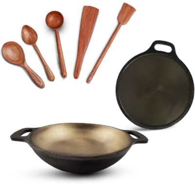 The Indus Valley Super Smooth Cast Iron - 12 Inch Tawa + 10 Inch Kadai + 5 Spatula (Wooden Cooking Ladles) Non-Stick Coated Cookware Set(Cast Iron, 7 - Piece)