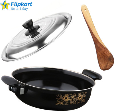 Flipkart SmartBuy Kitchen Non-Stick Combo Pack of Kadhai with Lid and Wooden Spatula - 2 Induction Bottom Non-Stick Coated Cookware Set(Iron, PTFE (Non-stick), 3 - Piece)