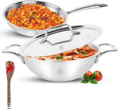 Omichef Primax (20CM) Triply Stainless Steel Cookware Set Of 3 Pcs Kadhai, Frypan & Lid, Induction Bottom Cookware Set(Triply, 2 - Piece)