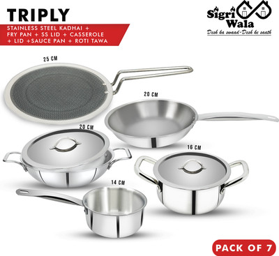 Sigri-wala Triply 7Pcs Combo Kadai20cm, FryPan20cm,Saucepan14cm,Casserole16cm,Roti tawa,LID Induction Bottom Cookware Set(Triply, 5 - Piece)