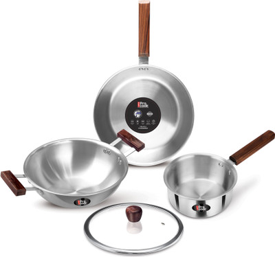 MILTON Procook Triply Stainless Steel 4pc with Wood Handle Saucepan Frypan Kadhai & lid Induction Bottom Cookware Set(Triply, 4 - Piece)