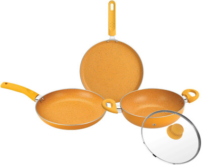 BERGNER Tasty Non-Stick 4 Pcs Cookware Set with Soft Touch Handle, Less Oil Use Induction Bottom Non-Stick Coated Cookware Set(Aluminium, 4 - Piece)