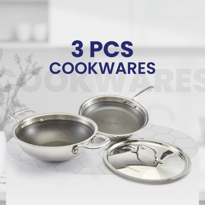 ZORAWARE Honey Comb Triply Kadai + Fry Pan Cookware Set with Lid (3 Pcs Set) Induction Bottom Cookware Set(Stainless Steel, 2 - Piece)