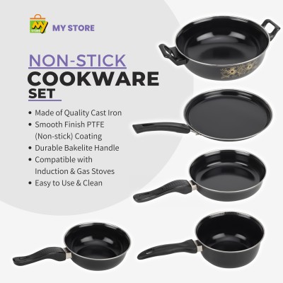 Maharajee Kadhai, Tawa, Sauce Pan, Fry Pan, Tadka Pan - Cookware Set of 5 Pc Induction Bottom Non-Stick Coated Cookware Set(Cast Iron, PTFE (Non-stick), 5 - Piece)