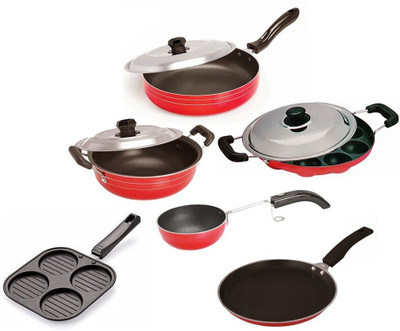 Dynore Dynore Non Stick Cookwere Set Of 6- Appam, Dosa Tawa, Fry Pan, Kadhai 2000 ml, Vaghariya, Uttapam Maker Non-Stick Coated Cookware Set(Aluminium, 6 - Piece)