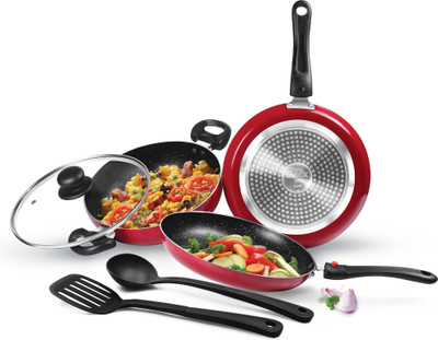 MILTON Pro Cook Kitchen Jewel Plus Granito, Maroon Induction Bottom Non-Stick Coated Cookware Set(Aluminium, 5 - Piece)