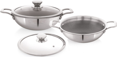 NIRLON Honeycomb Triply Stainless Steel Cookware Kadhai Set of 4|22cm-2L|26cm-3.1L Induction Bottom Non-Stick Coated Cookware Set(Triply, 4 - Piece)