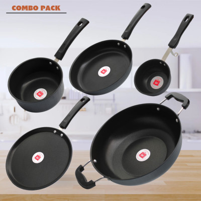 LAZYwindow Premium Quality Nonstick Tadka/Sauce/Fry Pan/Tawa And Kadhai Induction Bottom Non-Stick Coated Cookware Set(Hard Anodised, 5 - Piece)