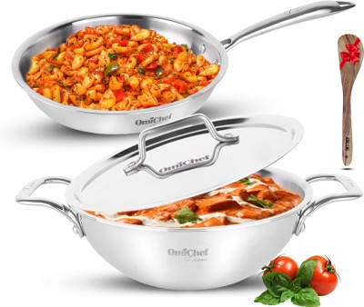 Omichef Triply Stainless Steel Kadhai, Frypan,with Lid 20 cm, 200 mm Induction Bottom Cookware Set(Triply, 2 - Piece)