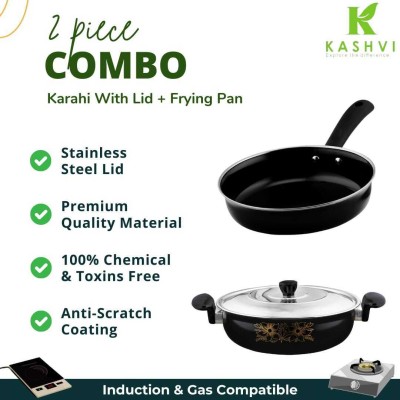 Kashvi Deep-Fry Kadahi with Stainless Steel Lid+ Deep Frying Pan Best Combo Induction Bottom Non-Stick Coated Cookware Set(Cast Iron, 2 - Piece)