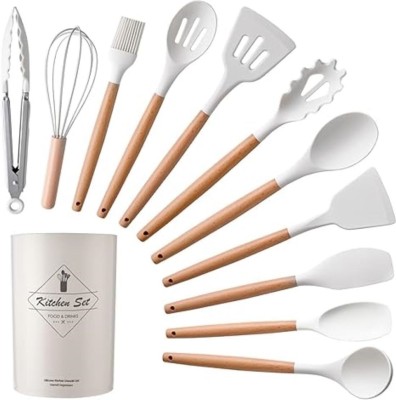 DnD Enterprise Silicone Kitchen Utensils Spatula Spoon Cooking Set- 12 Pcs Kitchen Tool Set(White, Cooking Spoon, Brush, Tong, Ladle, Whisk, Spatula)
