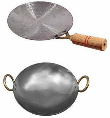shri gaurangi iron Kadai Deep Frying Pan for Cooking 8 inch 20 cm iron roti tawa 9 in 23 cm Induction Bottom Cookware Set(Iron, 2 - Piece)