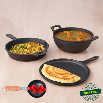 The Indus Valley Pre-Seasoned Cast Iron Cookware Set +Free Tadka Pan|Set of Tawa, Kadai & Fry Pan Induction Bottom Cookware Set(Cast Iron, 3 - Piece) The Indus Valley Pre-Seasoned Cast Iron Cookware Set +Free Tadka Pan|Set of Tawa, Kadai & Fry Pan Induction Bottom Cookware Set(Cast Iron, 3 - Piece)