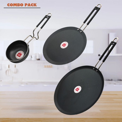 LAZYwindow Traditional Iron Dosa Tawa And Tadka Pan Induction Bottom Cookware Set(Iron, 3 - Piece)