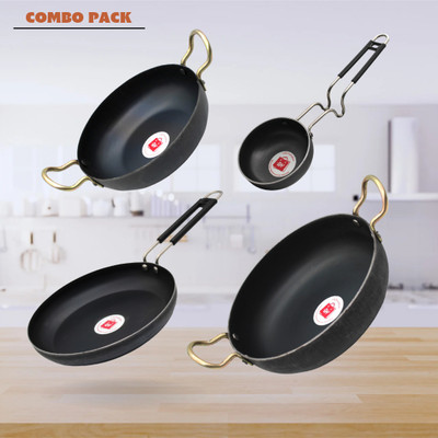 LAZYwindow Traditional Iron Deep Bottom Kadhai, Fry Pan And Tadka Pan with Grip type Handle Induction Bottom Cookware Set(Iron, 4 - Piece)
