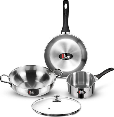 MILTON Pro Cook Stainless Steel Sandwich Bottom 4 pcs Kitchen Set Two Pan, Kadai, Lid Induction Bottom Cookware Set(Stainless Steel, 4 - Piece)