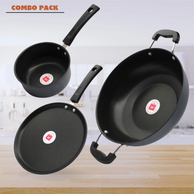 LAZYwindow Premium Quality Nonstick Sauce Pan/Tawa And Kadhai Induction Bottom Non-Stick Coated Cookware Set(Hard Anodised, 3 - Piece)