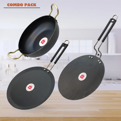 LAZYwindow Traditional Iron Deep Bottom Kadhai & Tawa (Base Black) Induction Bottom Cookware Set(Iron, 3 - Piece)