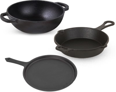 The Indus Valley Cast Iron Tawa 10.2Inch, FryPan 9Inch, Kadai 10Inch & Iron Tadka Pan Combo Induction Bottom Cookware Set(Cast Iron, 1 - Piece)