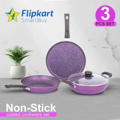 Flipkart SmartBuy Royal Purple Elegant Fry Pan, Dosa Tawa & Kadhai/Kadai With Glass Lid Induction Bottom Non-Stick Coated Cookware Set(Aluminium, 4 - Piece)