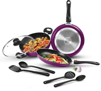 MILTON Pro Cook Kitchen Jewel Plus Granito, Dark Purple Induction Bottom Non-Stick Coated Cookware Set(Aluminium, 7 - Piece)