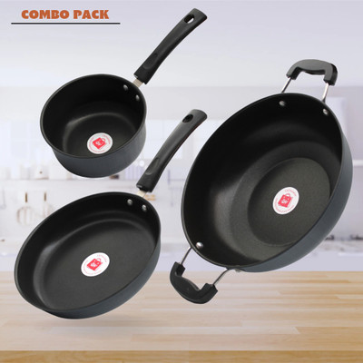 LAZYwindow Premium Quality Nonstick Sauce/Fry Pan And Kadhai Induction Bottom Non-Stick Coated Cookware Set(Hard Anodised, 3 - Piece)
