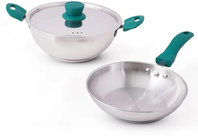 The Indus Valley Stainless steel cookware set of 3 | Kadai, Frypan Induction Bottom Cookware Set(Stainless Steel, 2 - Piece)